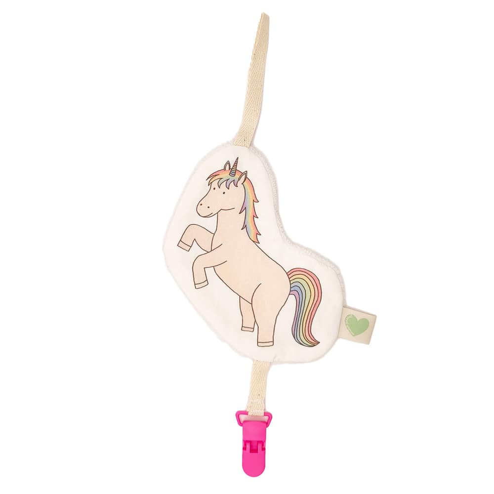 doudou attache tétine en tissus licorne de couleur blanche ou rose, vue de face, fabriqué avec amour en France