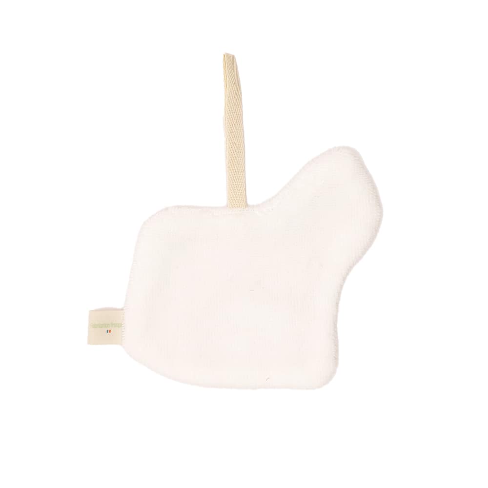 doudou attache tétine en tissus licorne de couleur blanche ou rose, vue de dos, fabriqué avec amour en France