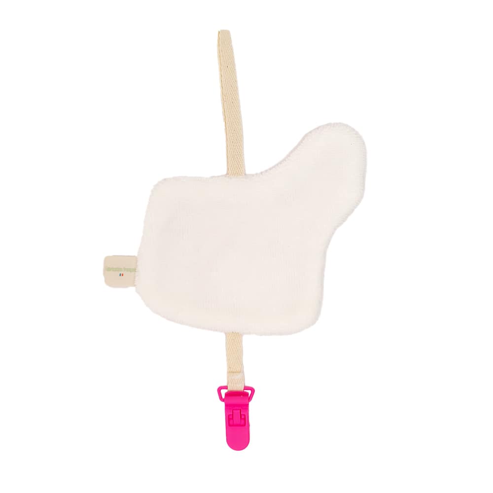 doudou attache tétine en tissus licorne de couleur blanche ou rose, vue de dos, fabriqué avec amour en France