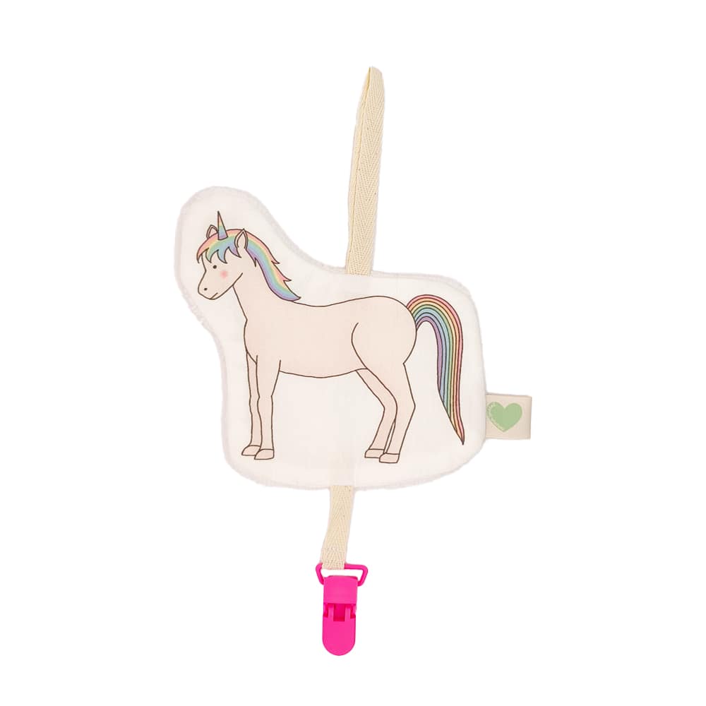 doudou attache tétine en tissus licorne de couleur blanche ou rose, vue de face, fabriqué avec amour en France