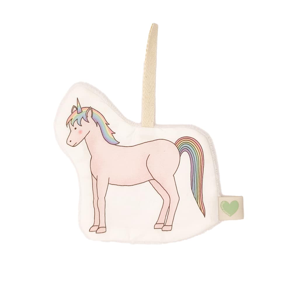 doudou attache tétine en tissus licorne de couleur blanche ou rose, vue de face, fabriqué avec amour en France