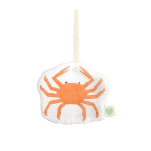 doudou attache tétine en tissus crabe de couleur rouge orange, vue de face, fabriqué avec amour en France