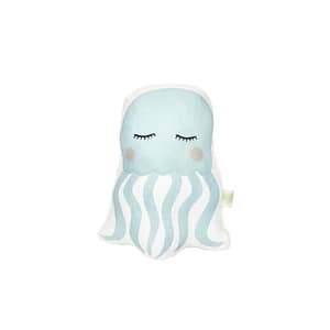 coussin doudou animal en forme de méduse de couleur bleu, vue de face. fabrication française