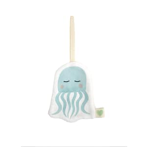 doudou attache tétine méduse en tissus de couleur bleu, vue de face, fabriqué avec amour en France