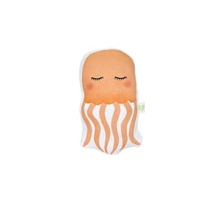 coussin doudou animal en forme de méduse de couleur rouge orangé, vue de face. fabrication française