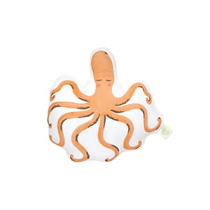 coussin doudou animal en forme de pieuvre de couleur rouge orangé, vue de face. fabrication française