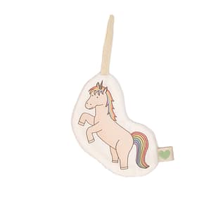 doudou attache tétine en tissus licorne de couleur blanche ou rose, vue de face, fabriqué avec amour en France