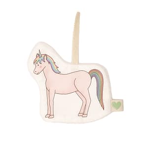 doudou attache tétine en tissus licorne de couleur blanche ou rose, vue de face, fabriqué avec amour en France