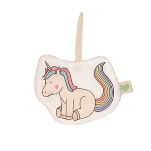 doudou attache tétine en tissus licorne de couleur blanche ou rose, vue de face, fabriqué avec amour en France